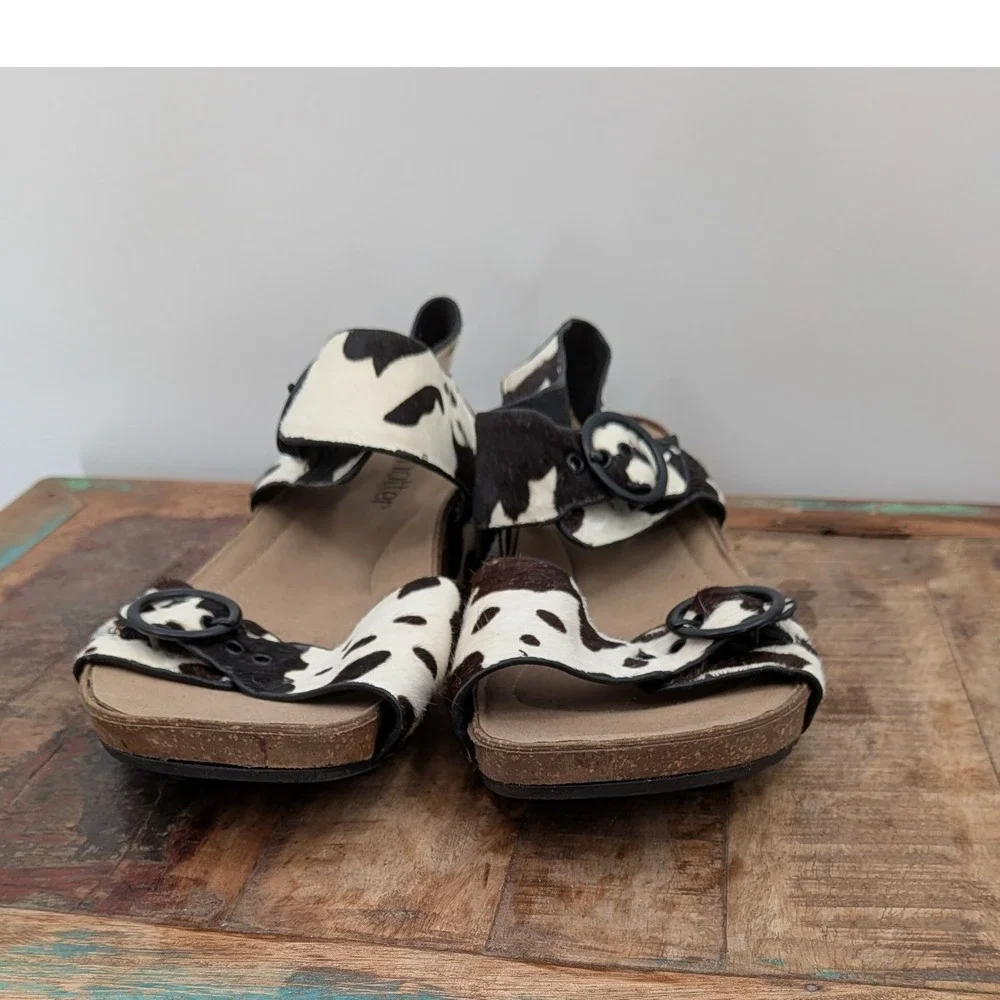 Boho Farm Hotter Tourist Cow Calf Hair Platform Wedge Buckles 8.5M Sandals